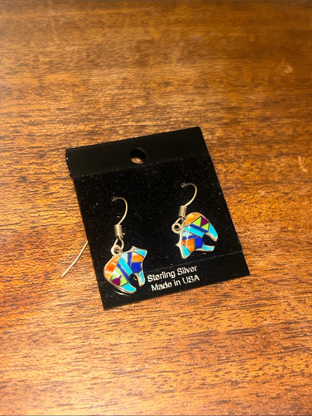 Multicolor Enamel Bear Drop Earrings - Sterling Silver Hooks